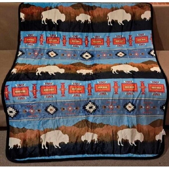 NU TRENDZ Other - New Turquoise Rustic Bison Buffalo Sherpa Plush Throw Gift Blanket Blue Aztec